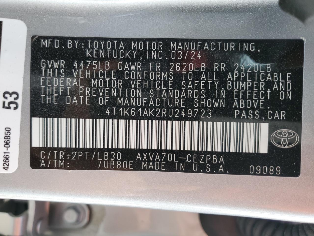 2024 TOYOTA CAMRY XSE VIN:4T1K61AK2RU249723