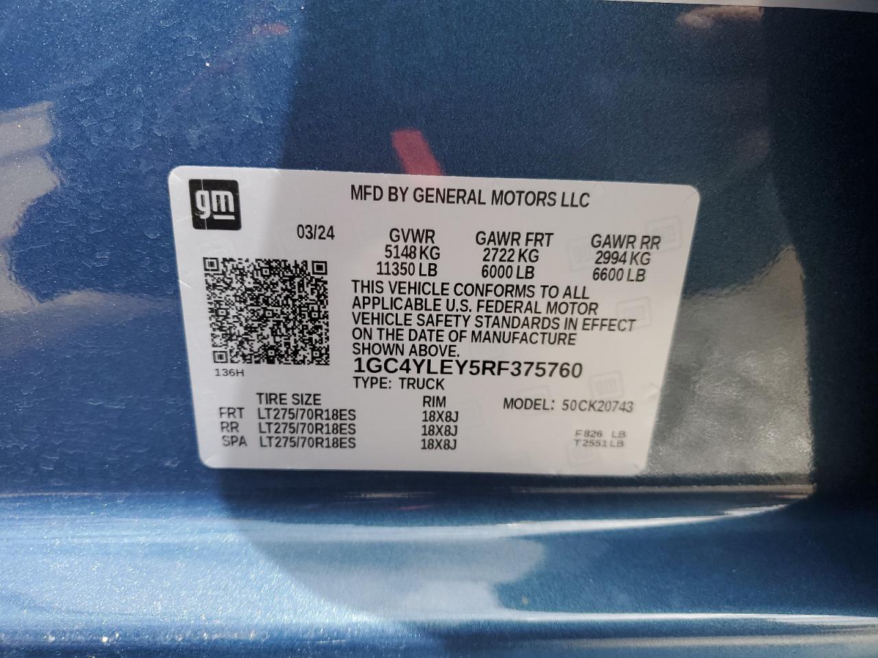 2024 CHEVROLET SILVERADO K2500 HEAVY DUTY VIN:1GC4YLEY5RF375760