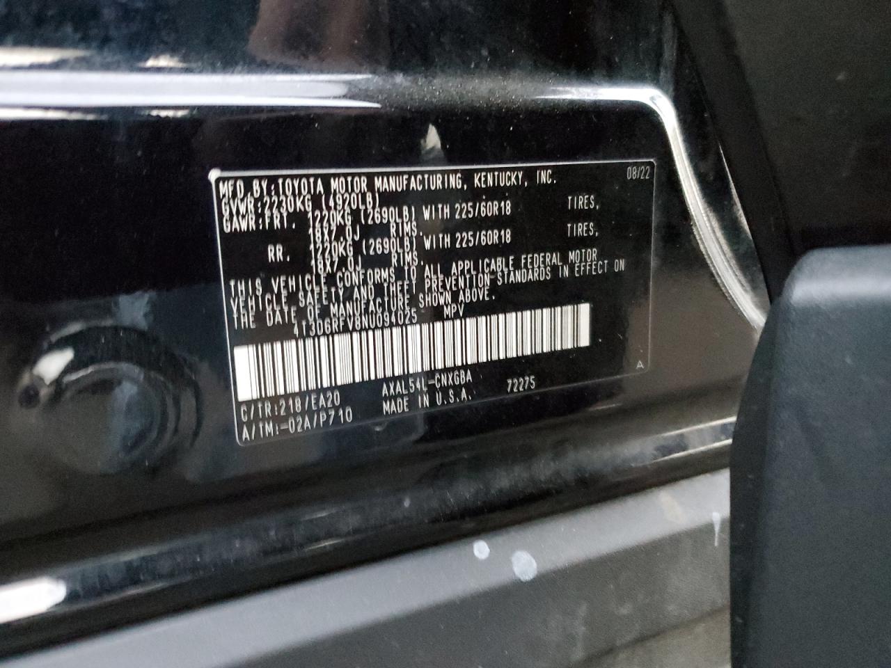 2022 TOYOTA RAV4 LIMITED VIN:4T3D6RFV8NU094025