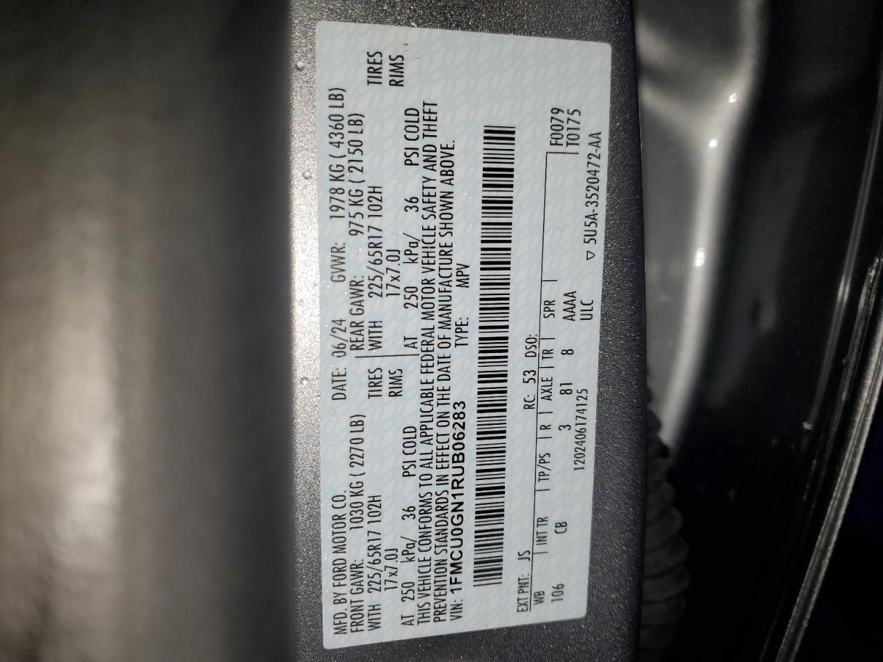 2024 FORD ESCAPE ACTIVE VIN:1FMCU0GN1RUB06283