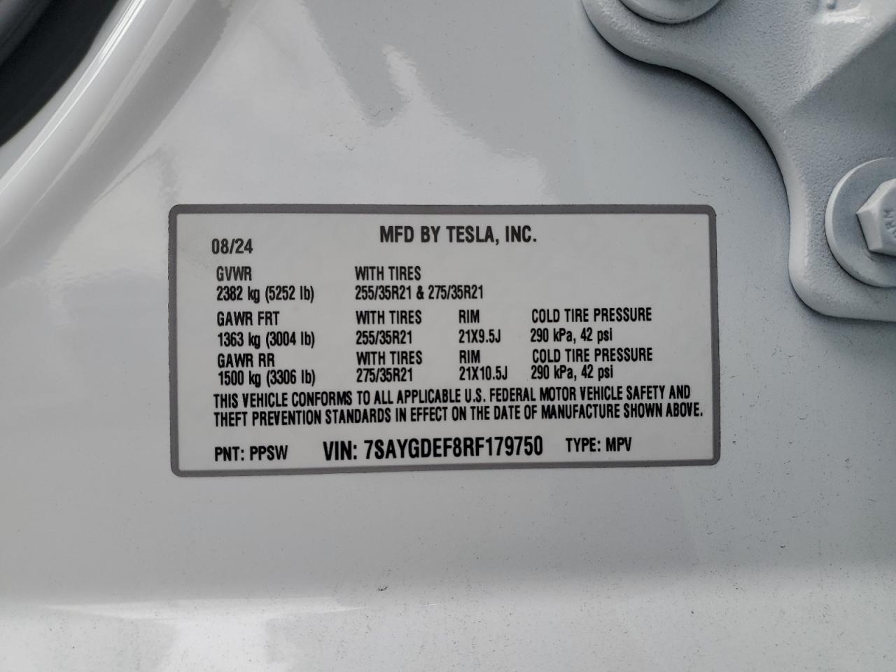 2024 TESLA MODEL Y  VIN:7SAYGDEF8RF179750