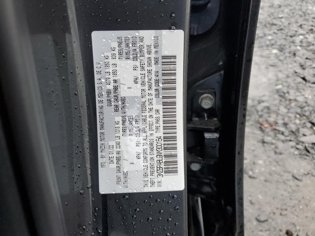 2022 MAZDA 3 SELECT VIN:3MZBPABL9NM300154