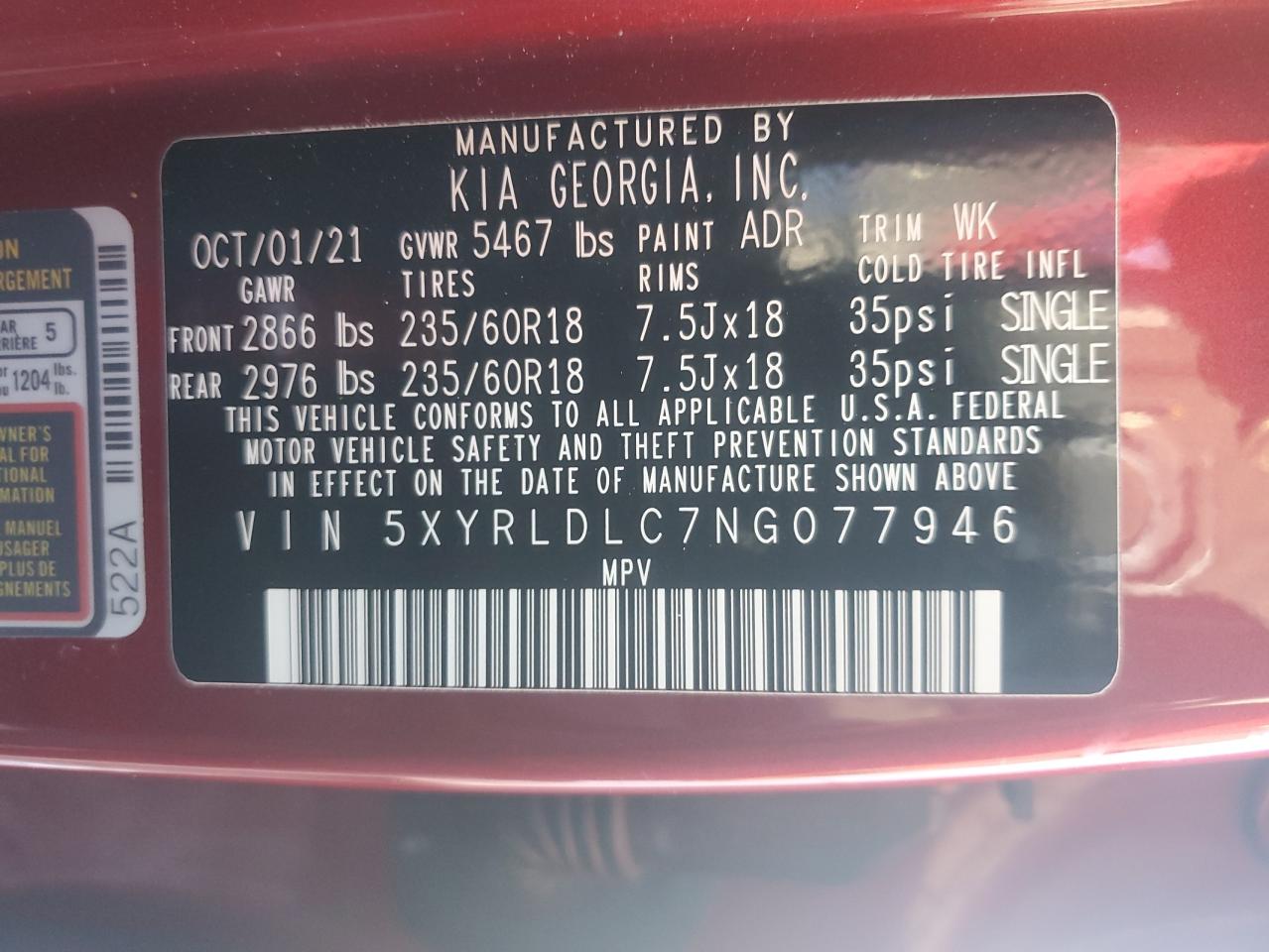2022 KIA SORENTO S VIN:5XYRLDLC7NG077946