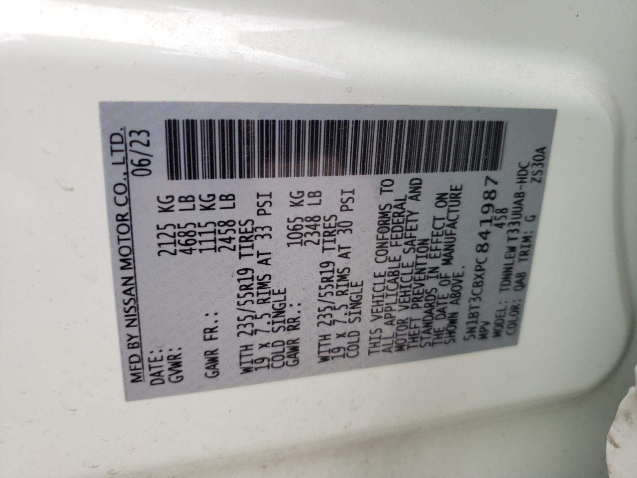 2023 NISSAN ROGUE SL VIN:5N1BT3CBXPC841987