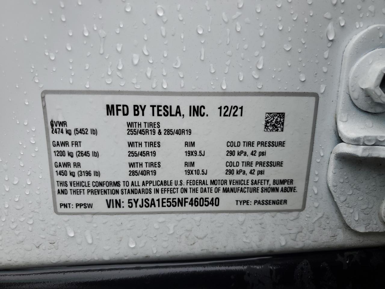 2022 TESLA MODEL S  VIN:5YJSA1E55NF460540