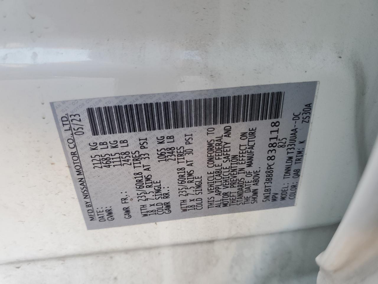 2023 NISSAN ROGUE SV VIN:5N1BT3BB8PC838118