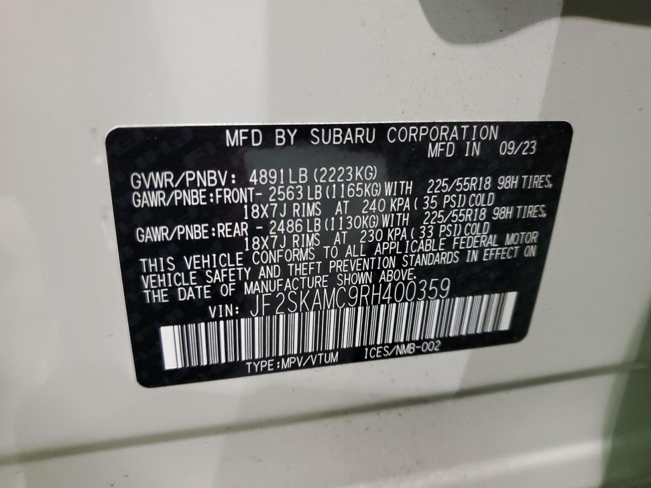 2024 SUBARU FORESTER TOURING VIN:JF2SKAMC9RH400359