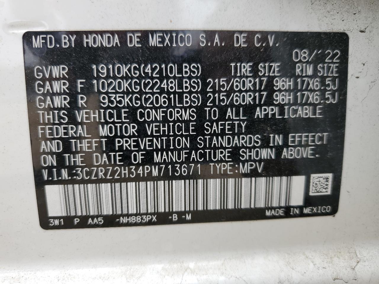 2023 HONDA HR-V LX VIN:3CZRZ2H34PM713671