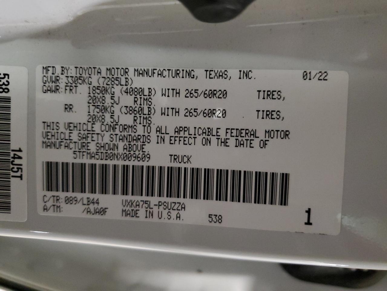 2022 TOYOTA TUNDRA CREWMAX PLATINUM VIN:5TFMA5DB0NX009609