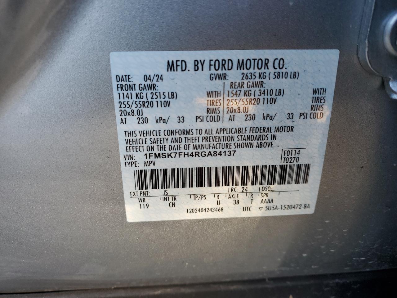 2024 FORD EXPLORER LIMITED VIN:1FMSK7FH4RGA84137