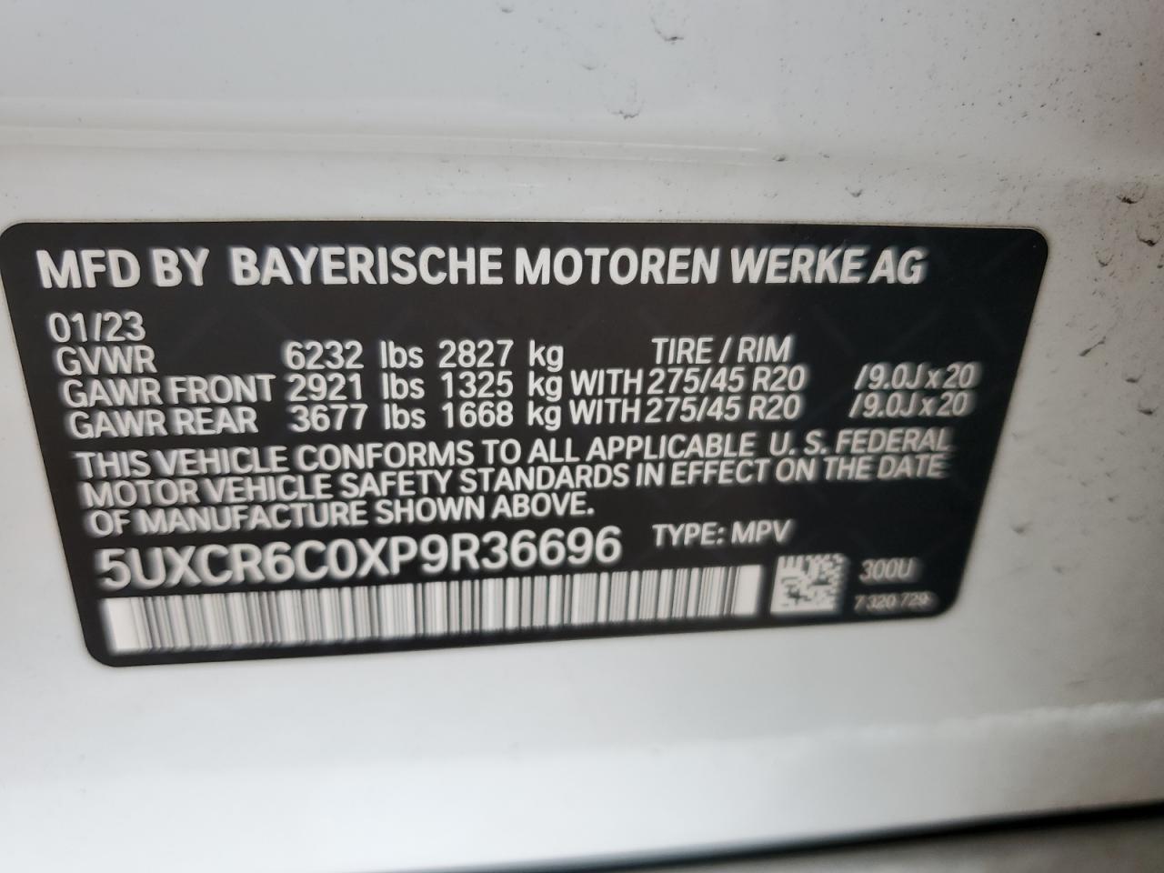 2023 BMW X5 XDRIVE40I VIN:5UXCR6C0XP9R36696