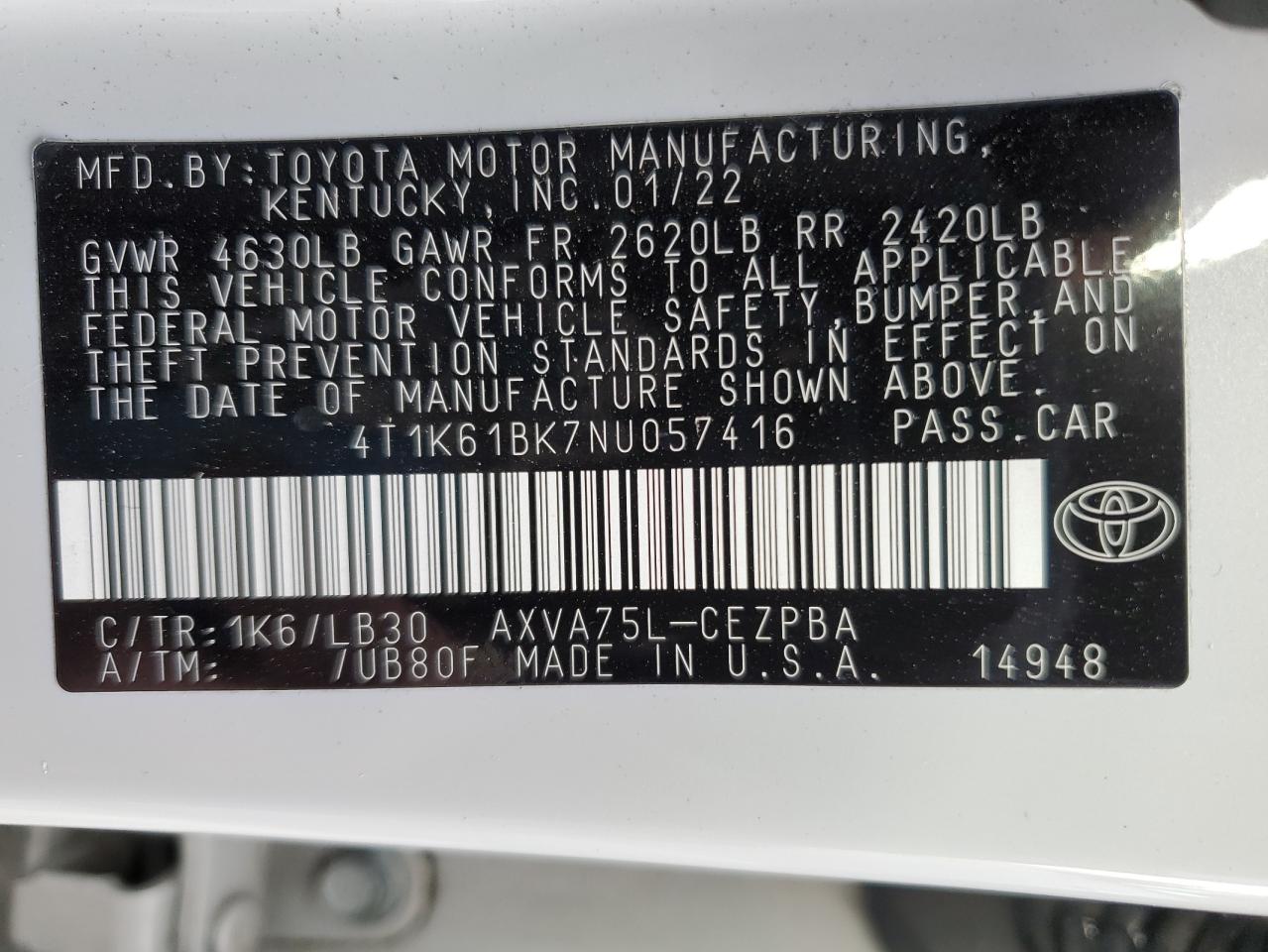 2022 TOYOTA CAMRY XSE VIN:4T1K61BK7NU057416