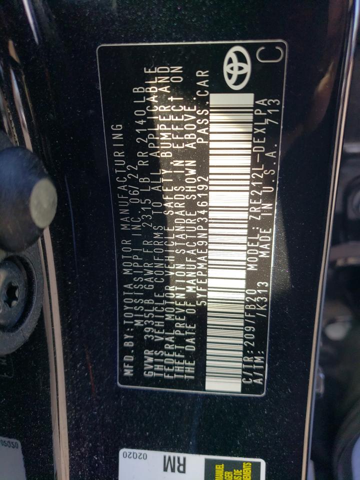 2022 TOYOTA COROLLA LE VIN:5YFEPMAE9NP346192