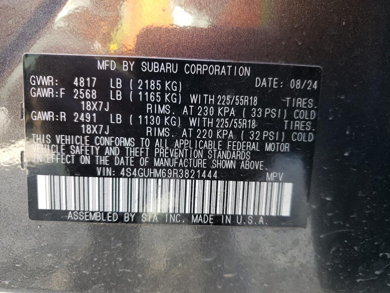 2024 SUBARU CROSSTREK LIMITED VIN:4S4GUHM69R3821444