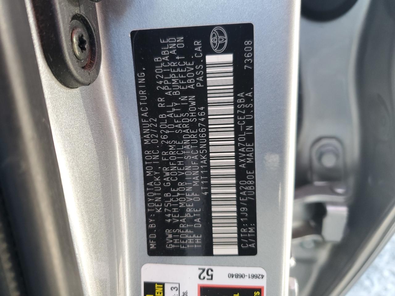 2022 TOYOTA CAMRY SE VIN:4T1T11AK5NU667464