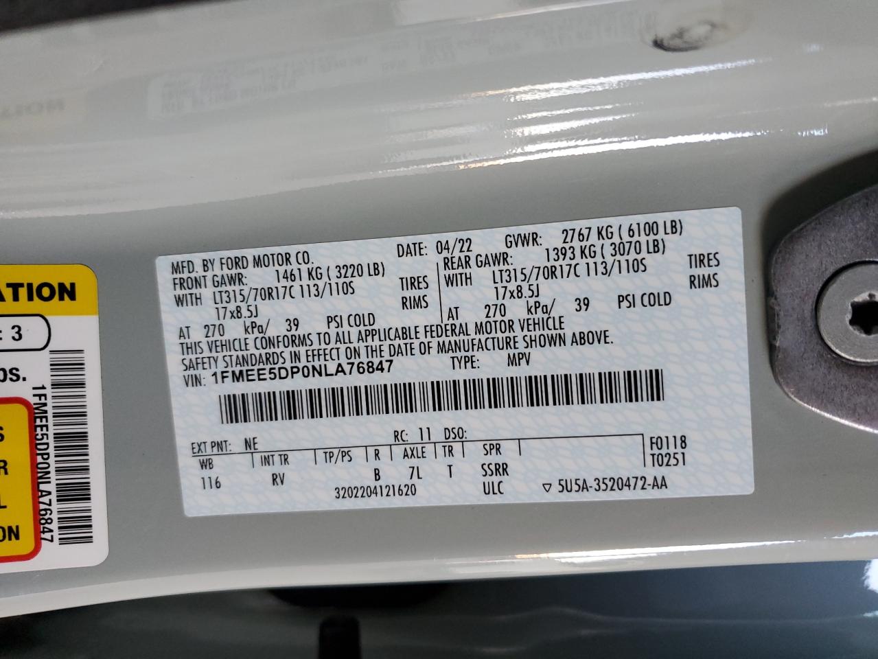 2022 FORD BRONCO BASE VIN:1FMEE5DP0NLA76847