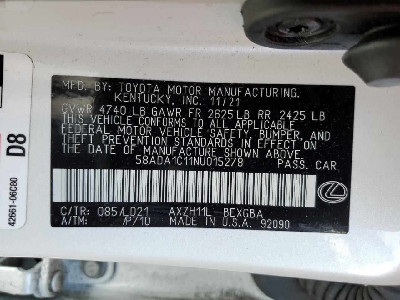 2022 LEXUS ES 300H BASE VIN:58ADA1C11NU015278