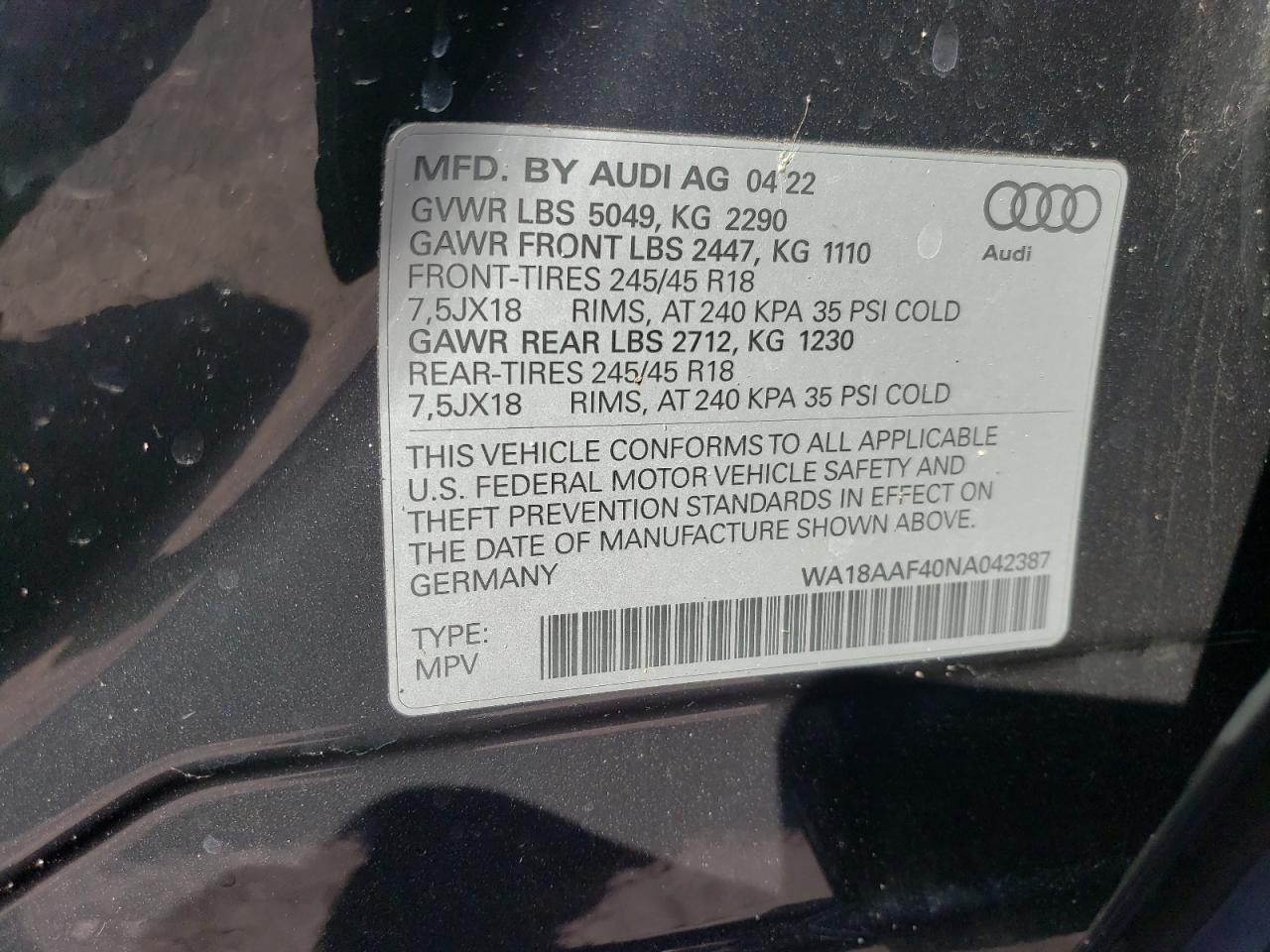 2022 AUDI A4 ALLROAD PREMIUM PLUS VIN:WA18AAF40NA42387