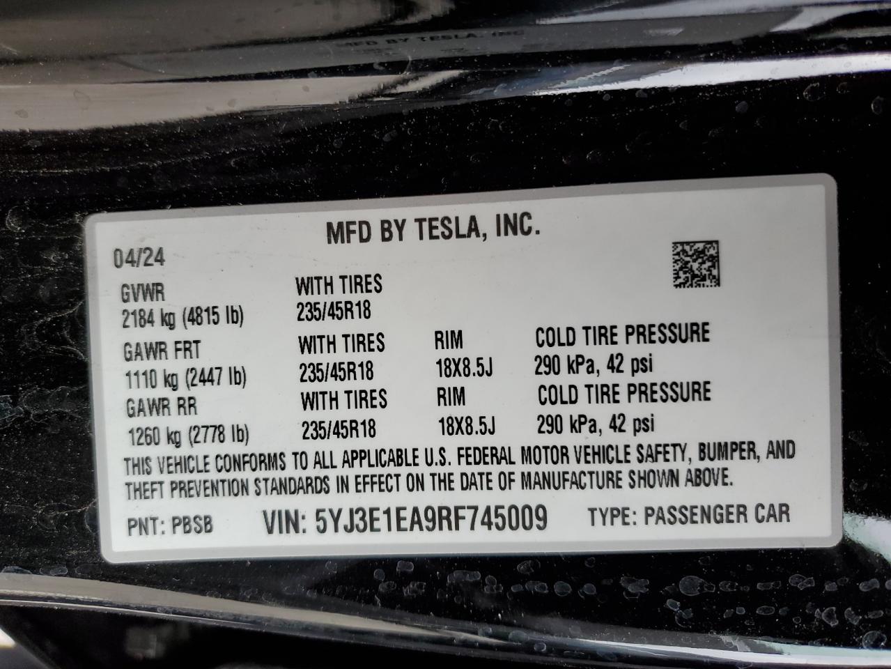 2024 TESLA MODEL 3  VIN:5YJ3E1EA9RF745009