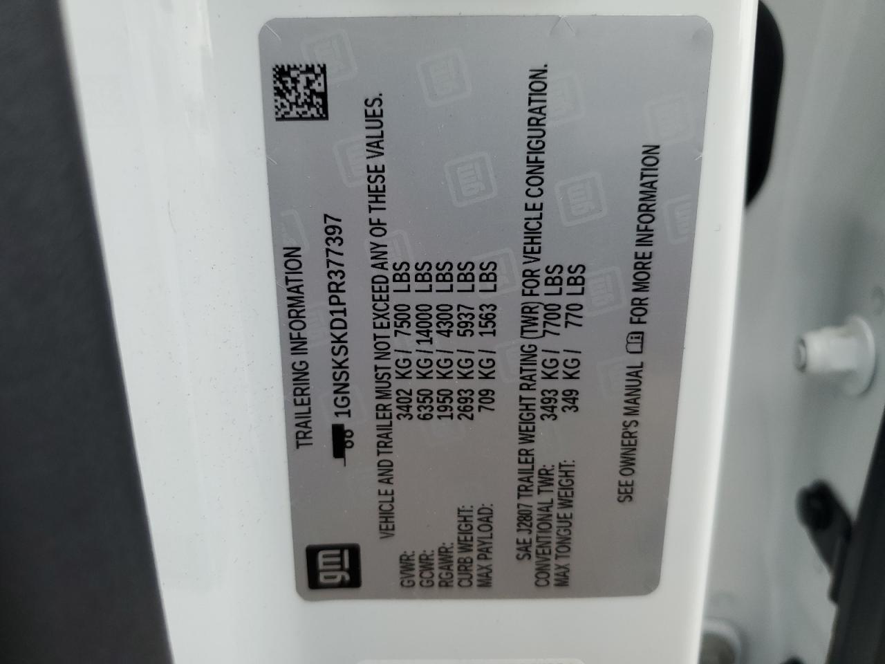 2023 CHEVROLET TAHOE K1500 PREMIER VIN:1GNSKSKD1PR377397