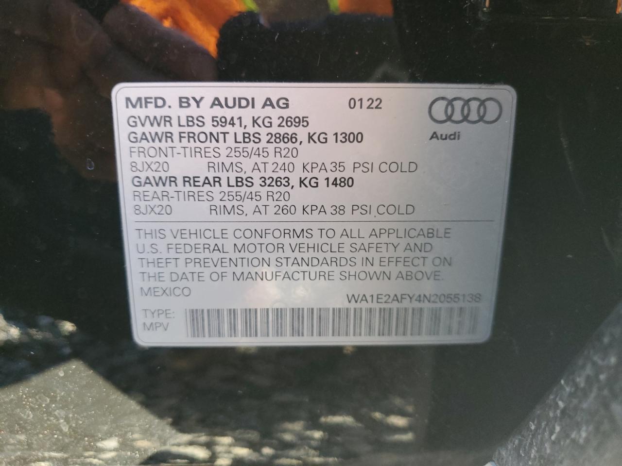 2022 AUDI Q5 E PREMIUM PLUS 55 VIN:WA1E2AFY4N2055138