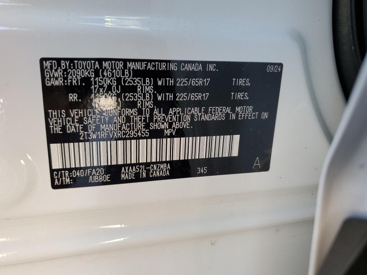 2024 TOYOTA RAV4 XLE VIN:2T3W1RFVXRC295455