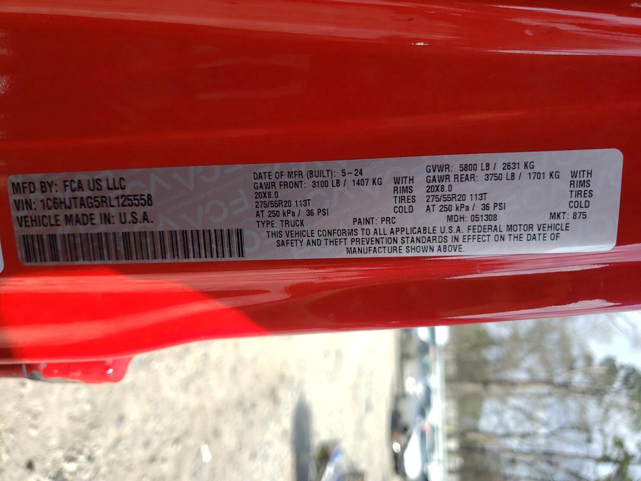 2024 JEEP GLADIATOR SPORT VIN:1C6HJTAG5RL125558