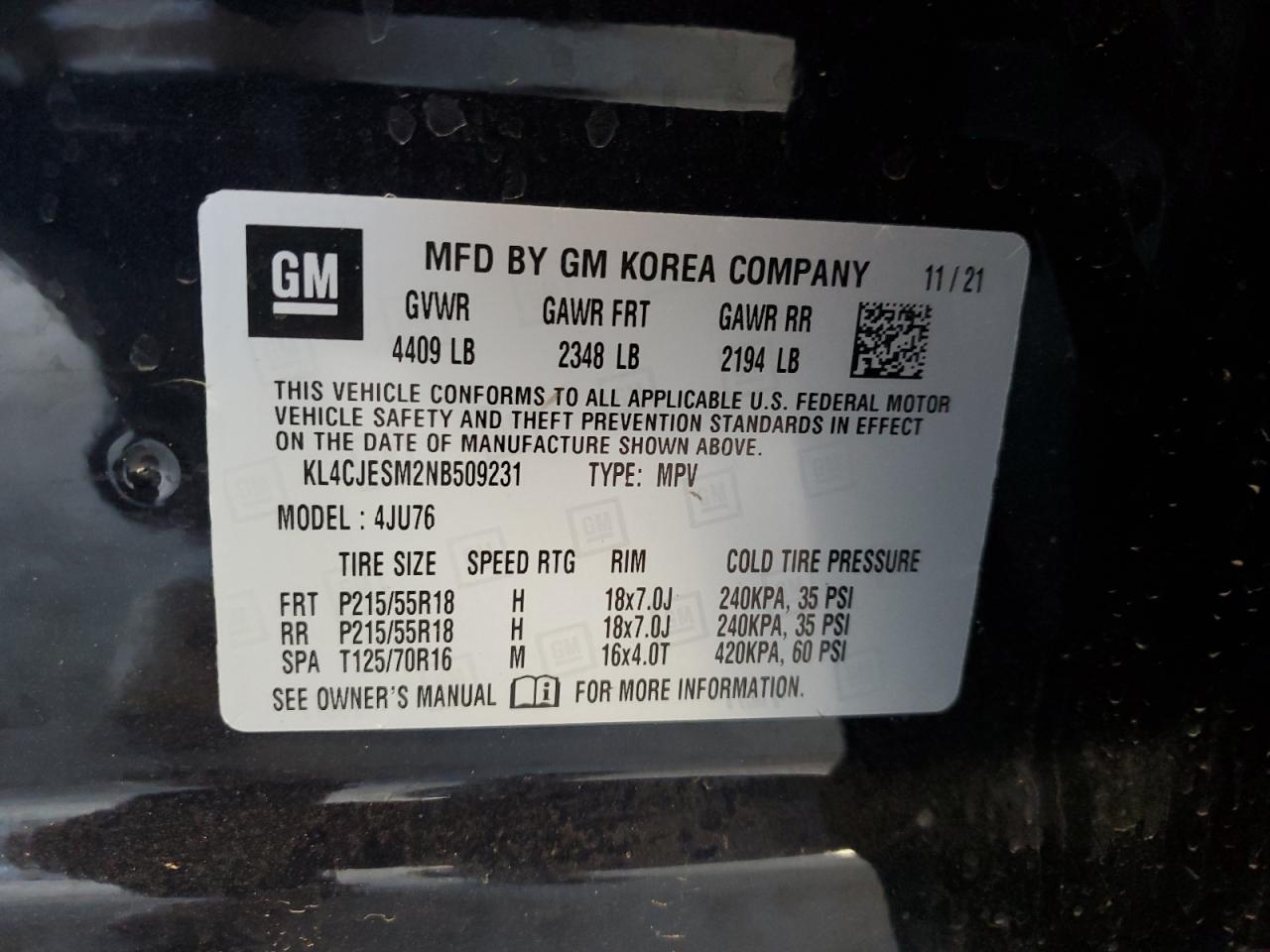 2022 BUICK ENCORE PREFERRED VIN:KL4CJESM2NB509231