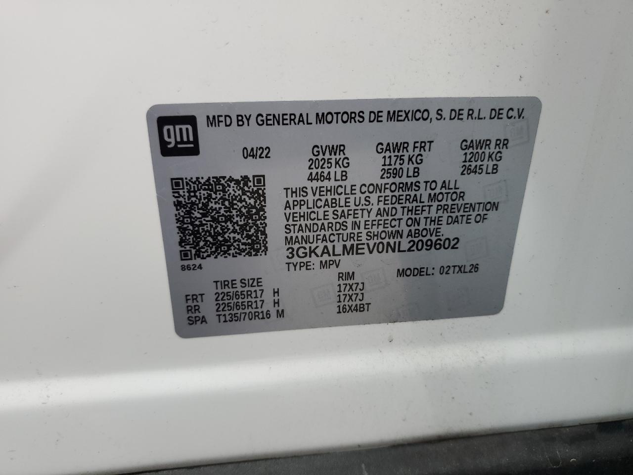 2022 GMC TERRAIN SLE VIN:3GKALMEV0NL209602