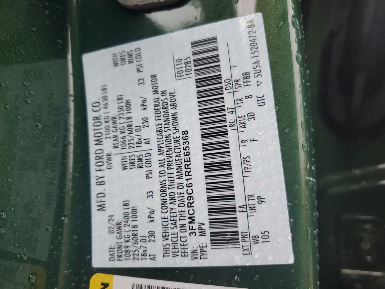 2024 FORD BRONCO SPORT OUTER BANKS VIN:3FMCR9C61RRE65368