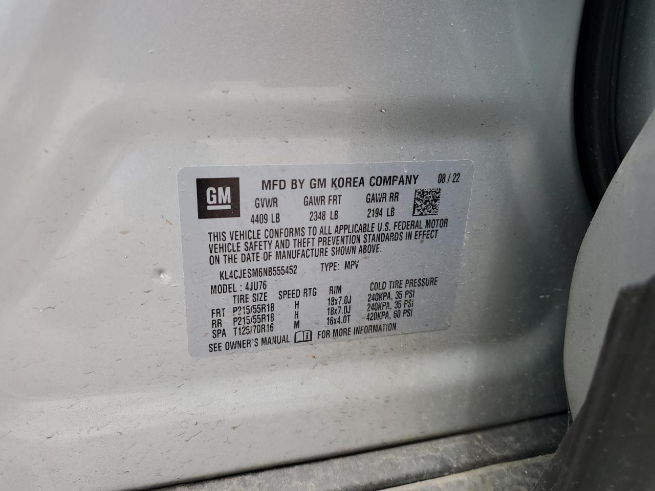 2022 BUICK ENCORE PREFERRED VIN:KL4CJESM6NB555452