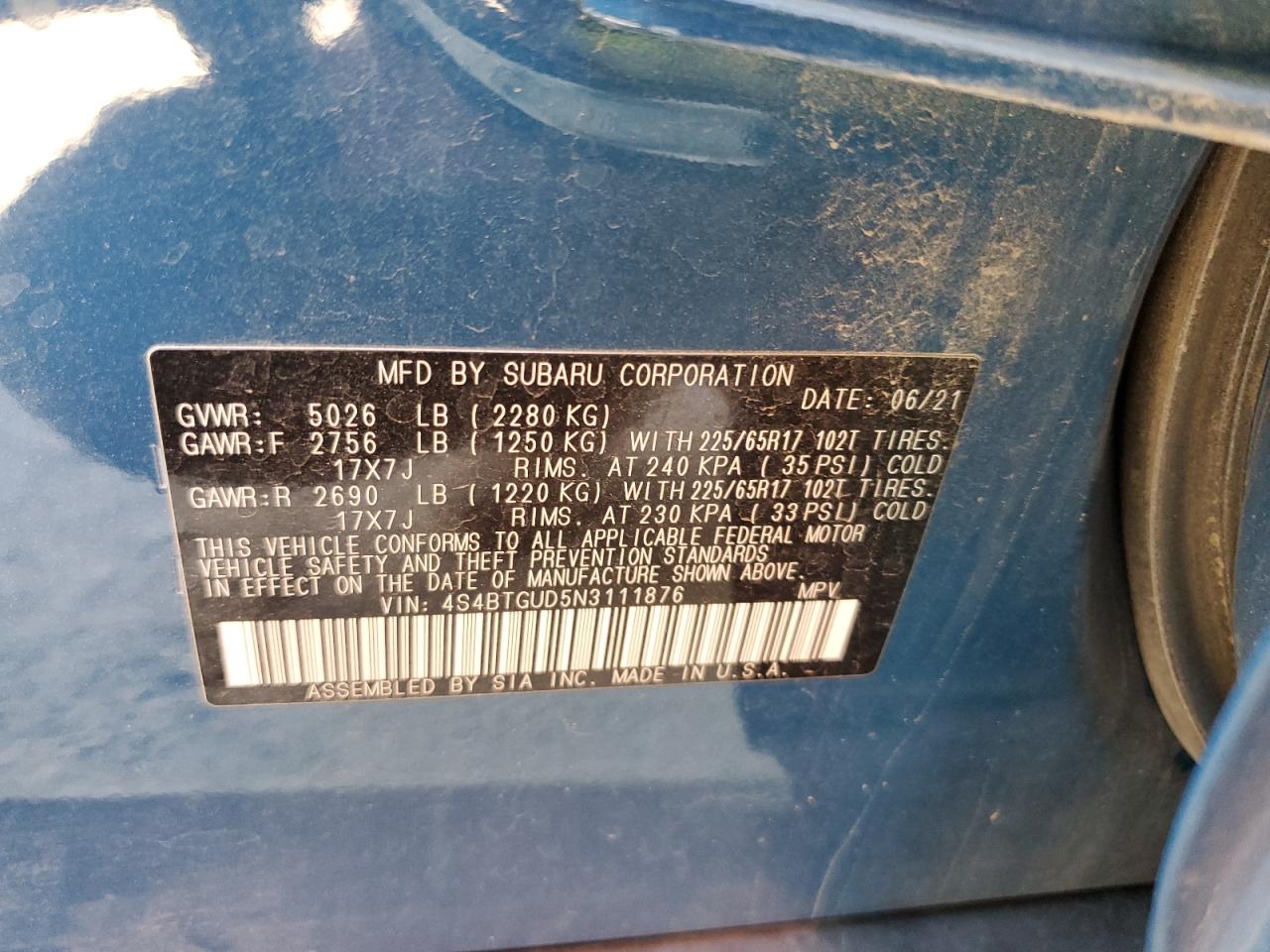 2022 SUBARU OUTBACK WILDERNESS VIN:4S4BTGUD5N3111876