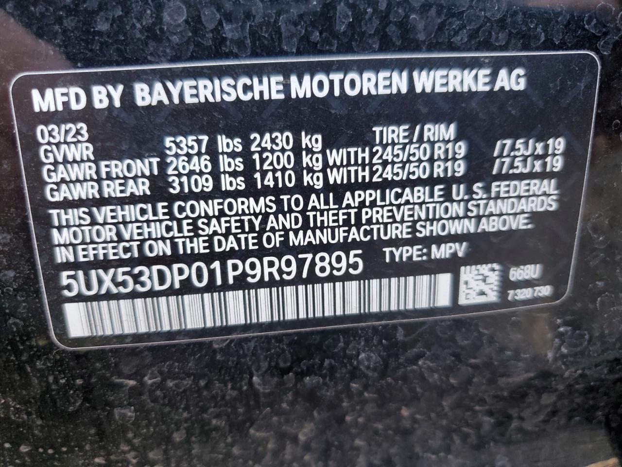 2023 BMW X3 XDRIVE30I VIN:5UX53DP01P9R97895