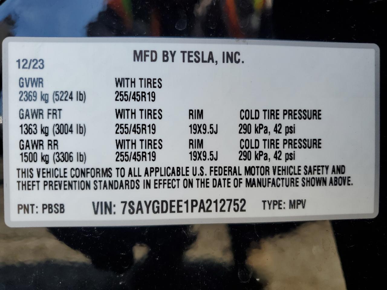 2023 TESLA MODEL Y  VIN:7SAYGDEE1PA212752