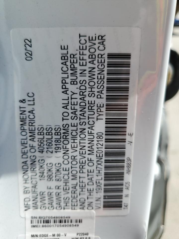 2022 HONDA CIVIC EXL VIN:19XFL1H7XNE012180