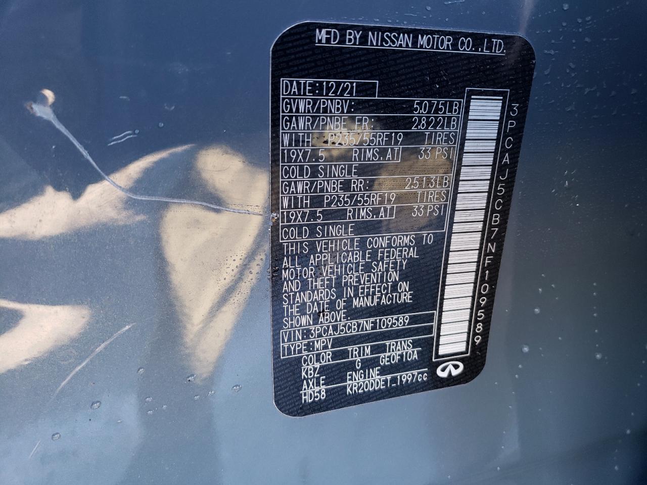 2022 INFINITI QX50 ESSENTIAL VIN:5N1AR2MN2DC618996