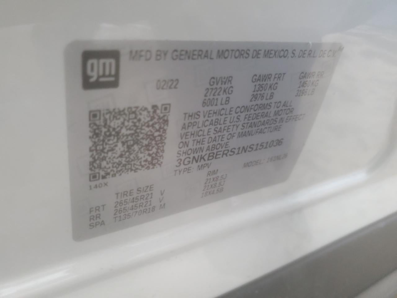 2022 CHEVROLET BLAZER RS VIN:3GNKBERS1NS151036