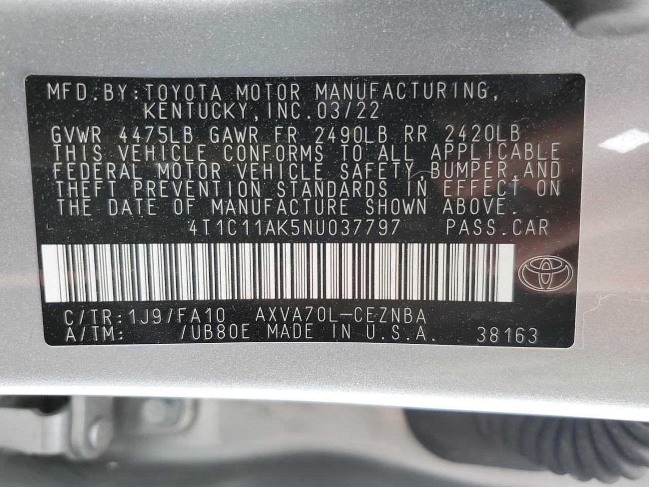 2022 TOYOTA CAMRY LE VIN:4T1C11AK5NU037797