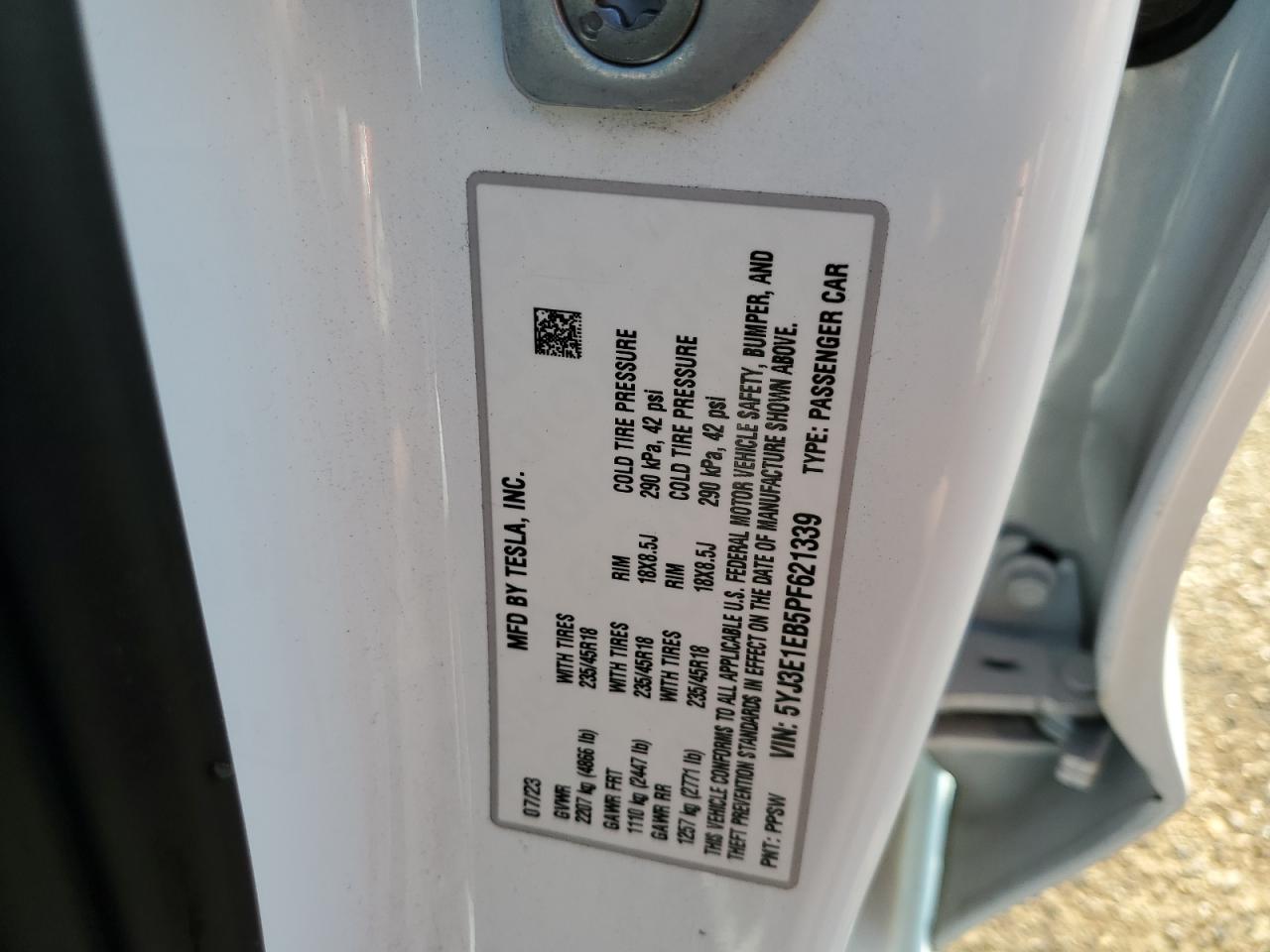 2023 TESLA MODEL 3  VIN:5YJ3E1EB5PF621339