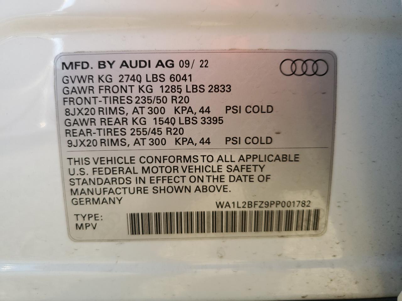 2023 AUDI Q4 E-TRON PREMIUM PLUS VIN:WA1L2BFZ9PP001782