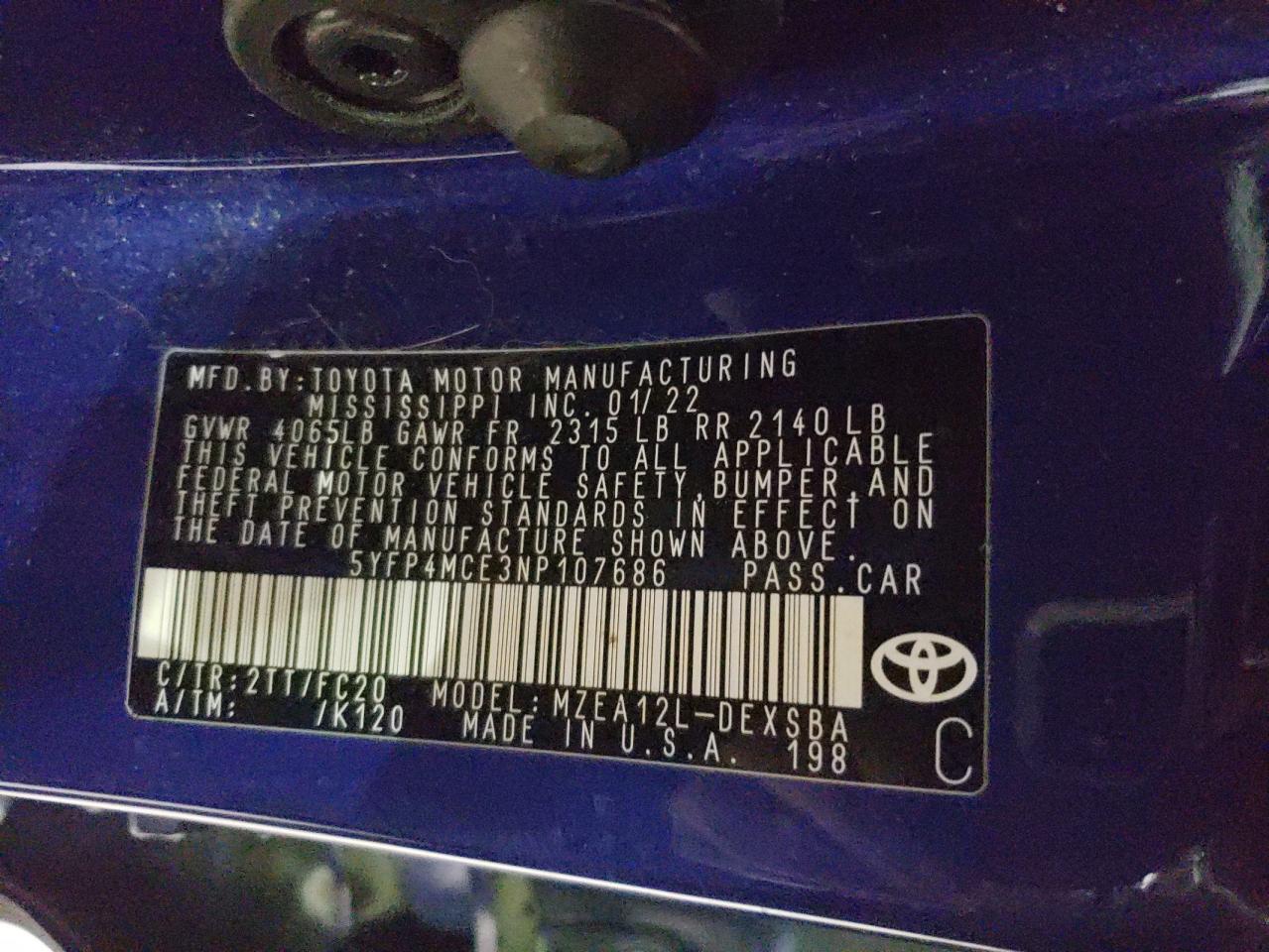 2022 TOYOTA COROLLA SE VIN:5YFP4MCE3NP107686