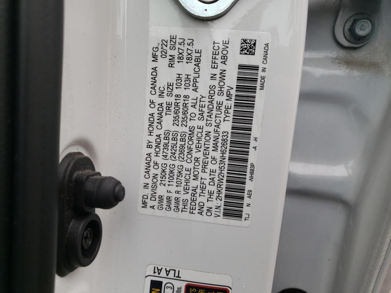 2022 HONDA CR-V EX VIN:2HKRW2H53NH626833