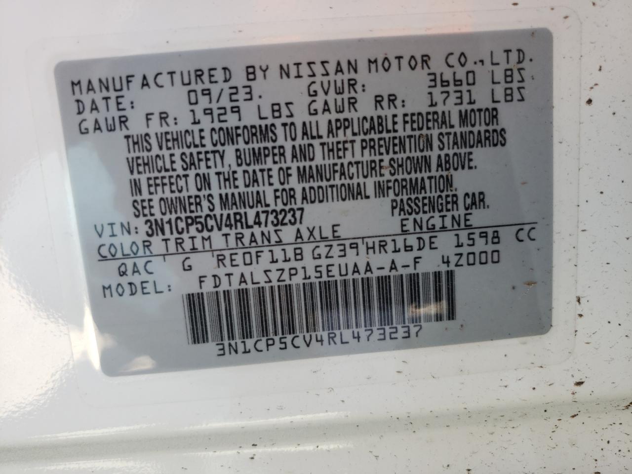 2024 NISSAN KICKS SV VIN:3N1CP5CV4RL473237