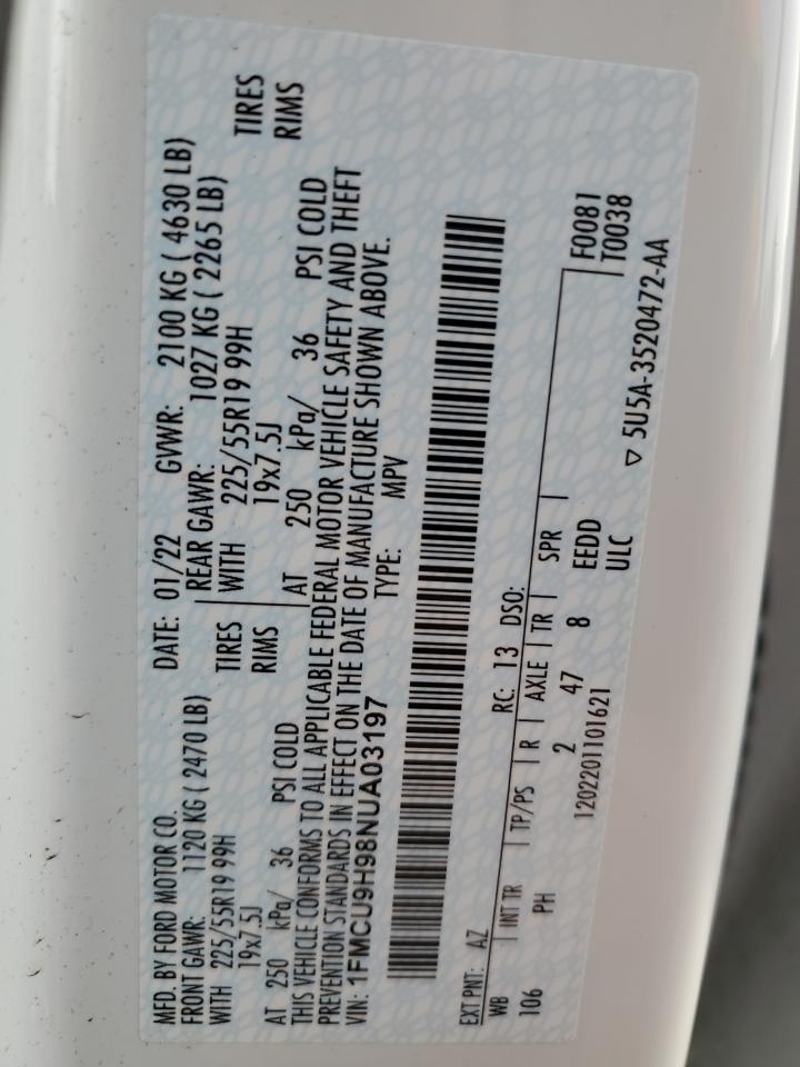 2022 FORD ESCAPE SEL VIN:1FMCU9H98NUA03197