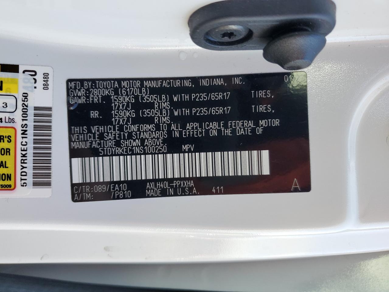 2022 TOYOTA SIENNA XLE VIN:5TDYRKEC1NS100250