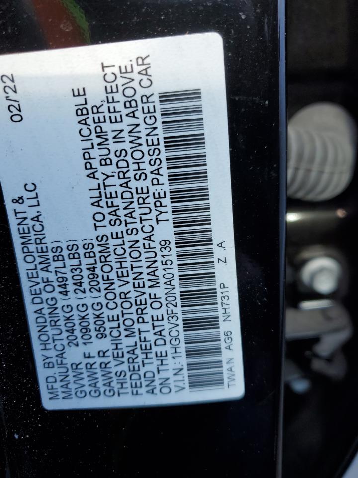 2022 HONDA ACCORD HYBRID SPORT VIN:1HGCV3F20NA015139