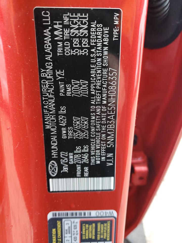 2022 HYUNDAI TUCSON SEL VIN:5NMJB3AE5NH086357