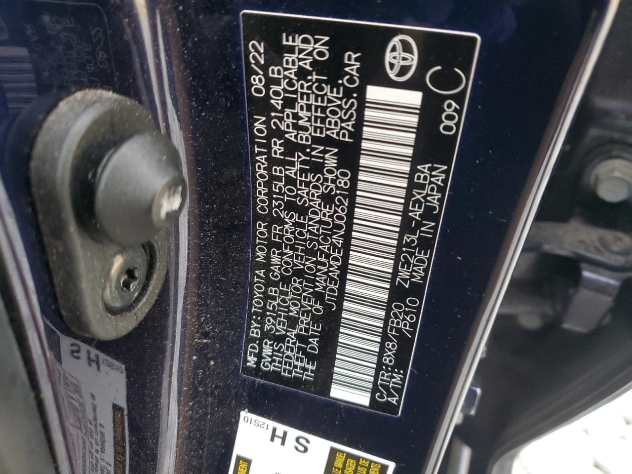 2022 TOYOTA COROLLA LE VIN:JTDEAMDE4NJ062180