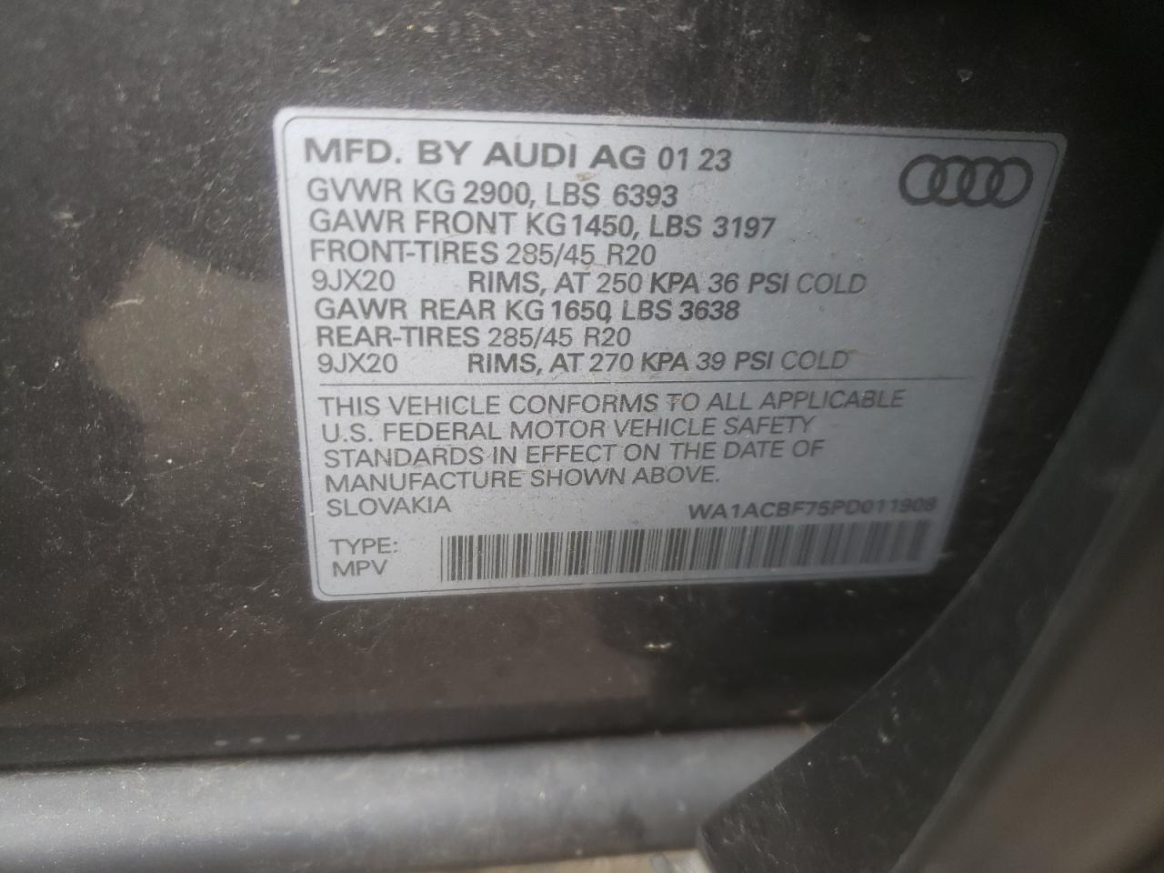 2023 AUDI Q7 PREMIUM VIN:WA1ACBF75PD011908