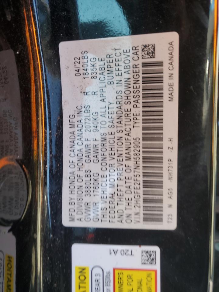 2022 HONDA CIVIC SPORT VIN:2HGFE2F57NH582905
